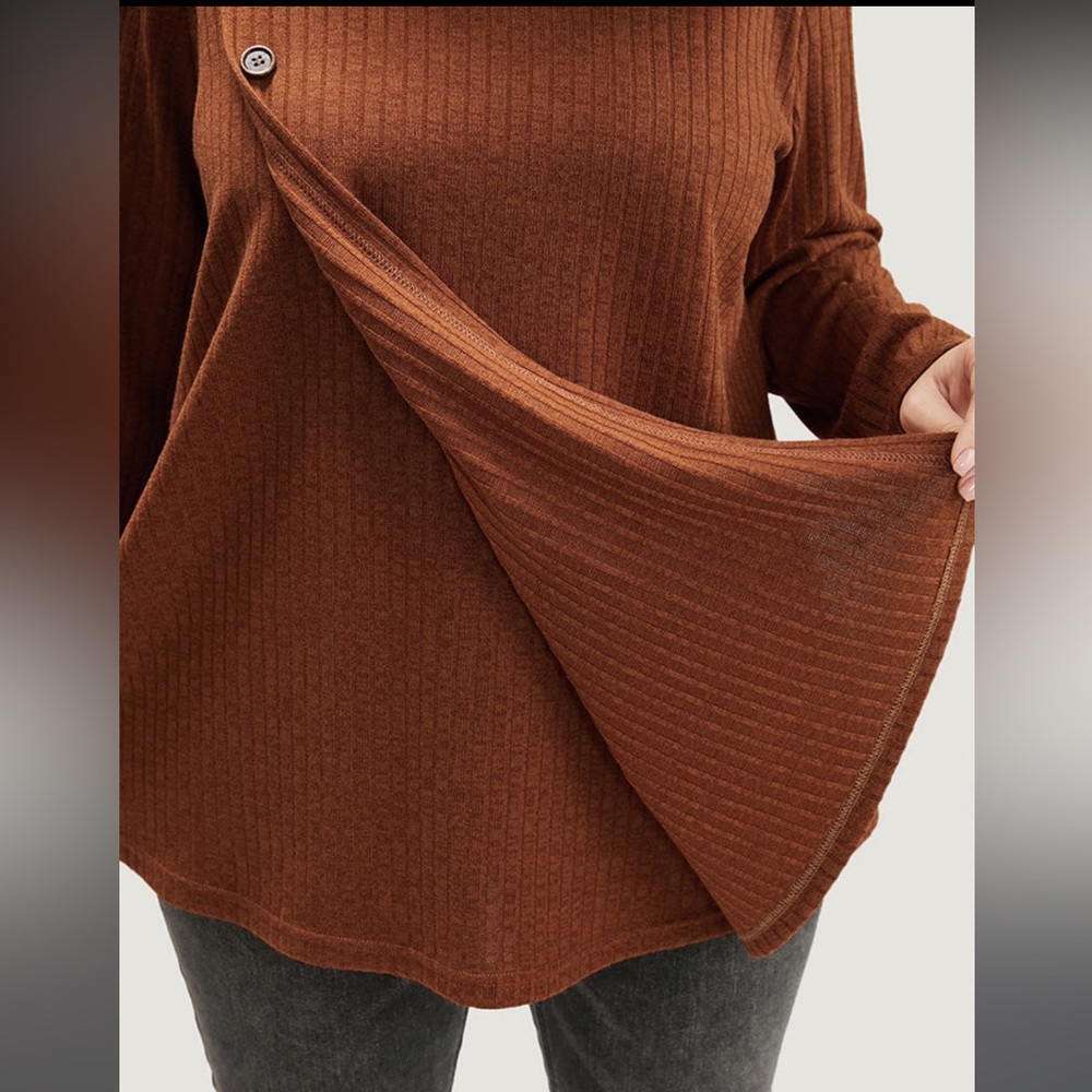 Round Neck Button Detail Ribbed Knit Sweater - Picture 2 of 8